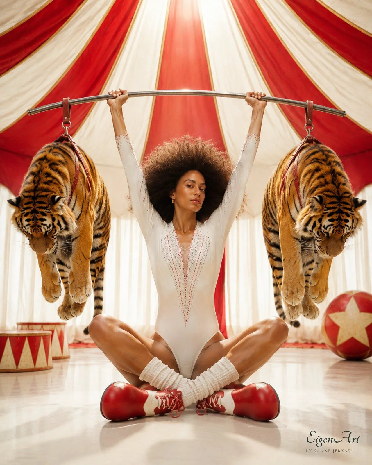 Carnival Gym — Frau balanciert zwei Tiger als Gewichte über einer Hantelstange im Zirkuszelt, Signature-Motiv der Serie