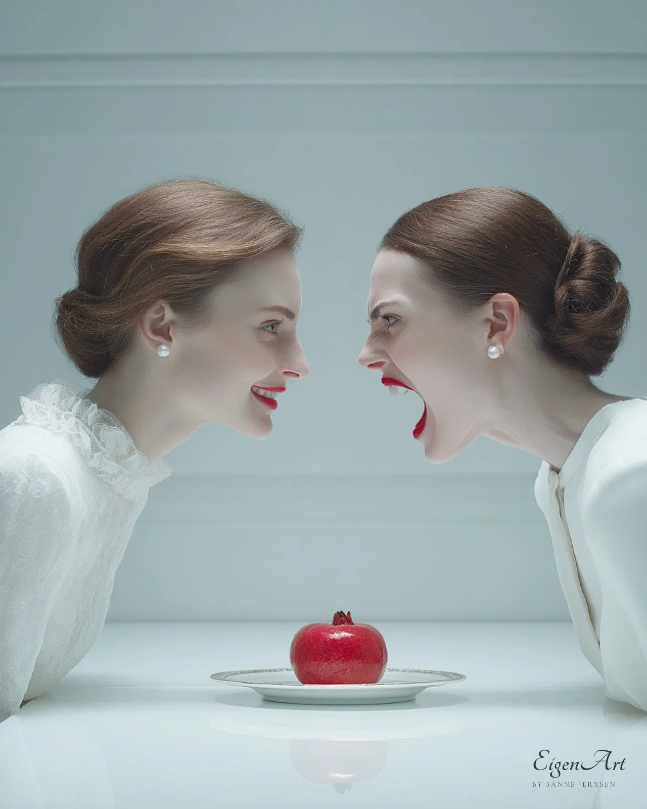 One Man's Meat Is Another Man's Poison — zwei Frauen und ein Granatapfel, Rot nur auf Lippen und Frucht